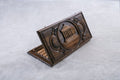Garni Temple and Geghard backgammon set half open, Garni Temple carved in a round frame on the lid, 23.6 inch / 60 cm