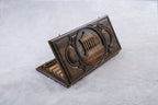 Garni Temple and Geghard backgammon set half open, Garni Temple carved in a round frame on the lid, 23.6 inch / 60 cm