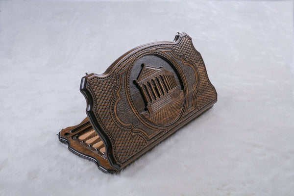 Garni Temple Armenian backgammon set half open, the temple carved in a round frame on a diamond lattice, 60 cm