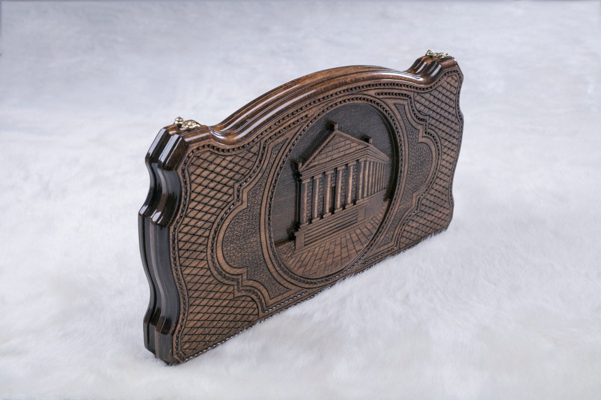 Closed backgammon board on edge, Garni Temple columns and steps in deep relief with scalloped ends