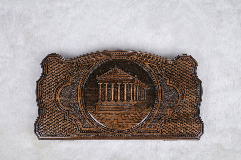 Top view of the closed board: Garni Temple in its round frame, diamond lattice and curved ends, 23.6 inch