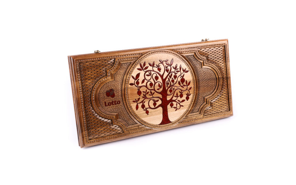 Luxury walnut lotto set, closed box with a hand-carved red pomegranate tree of life