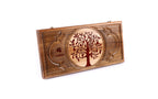 Luxury walnut lotto set, closed box with a hand-carved red pomegranate tree of life