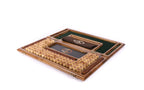 Open walnut lotto box with barrels, cards and bag in their places