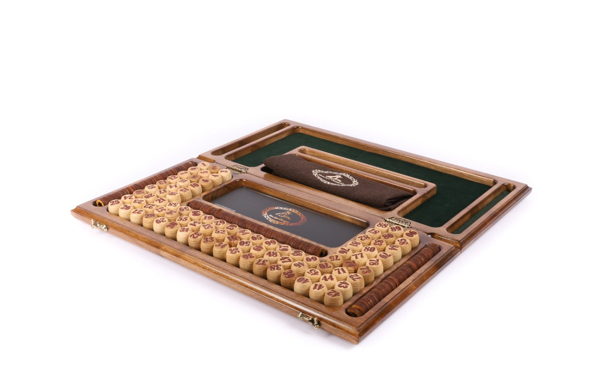 Open walnut lotto box with barrels, cards and bag in their places