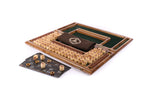 Wooden lotto set with game cards laid out in front of the open box
