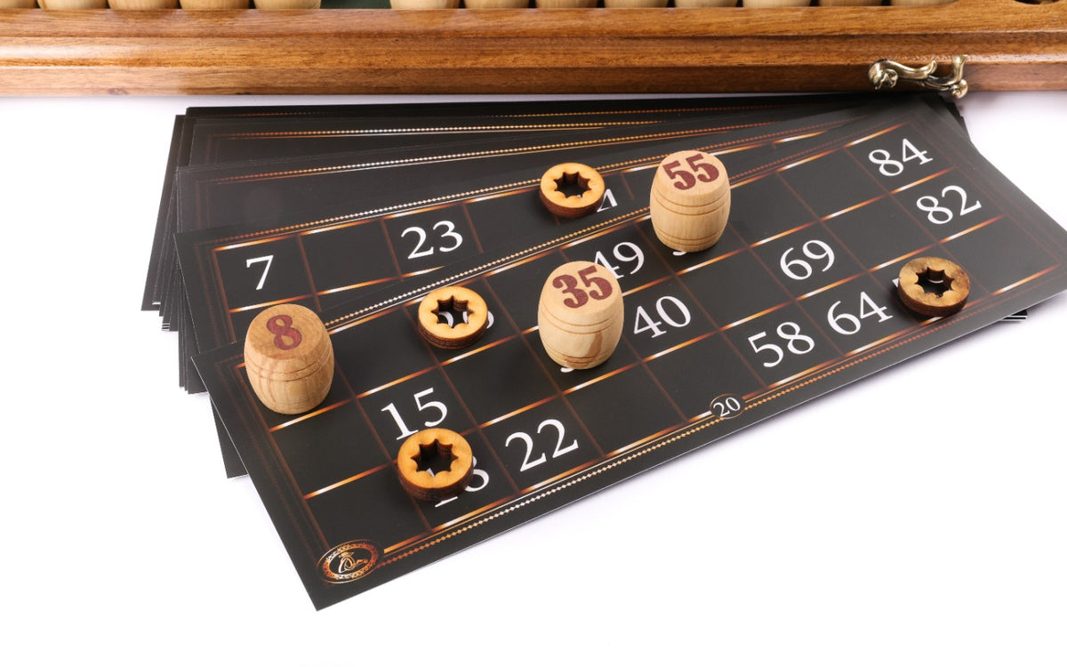 Close-up of lotto cards with hornbeam barrels and round markers
