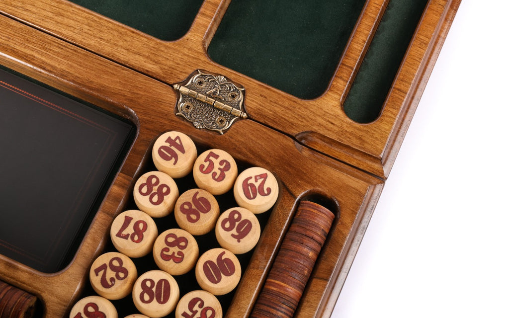 Corner of the lotto box with barrels, card slot and brass hinge