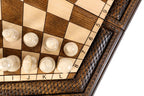 For Three Player chess set - close-up of hand-carved chess pieces