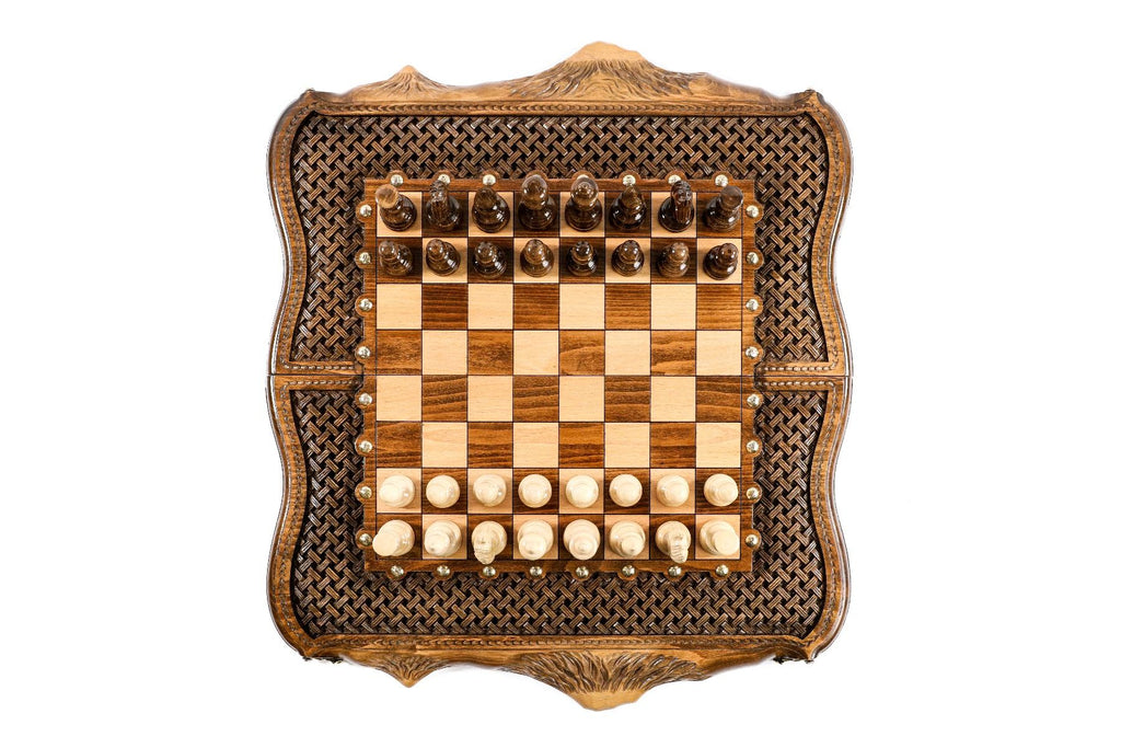 Carved Chess Set & Backgammon Board With Braid Pattern 50 cm | 19.7" - Unumperfectus