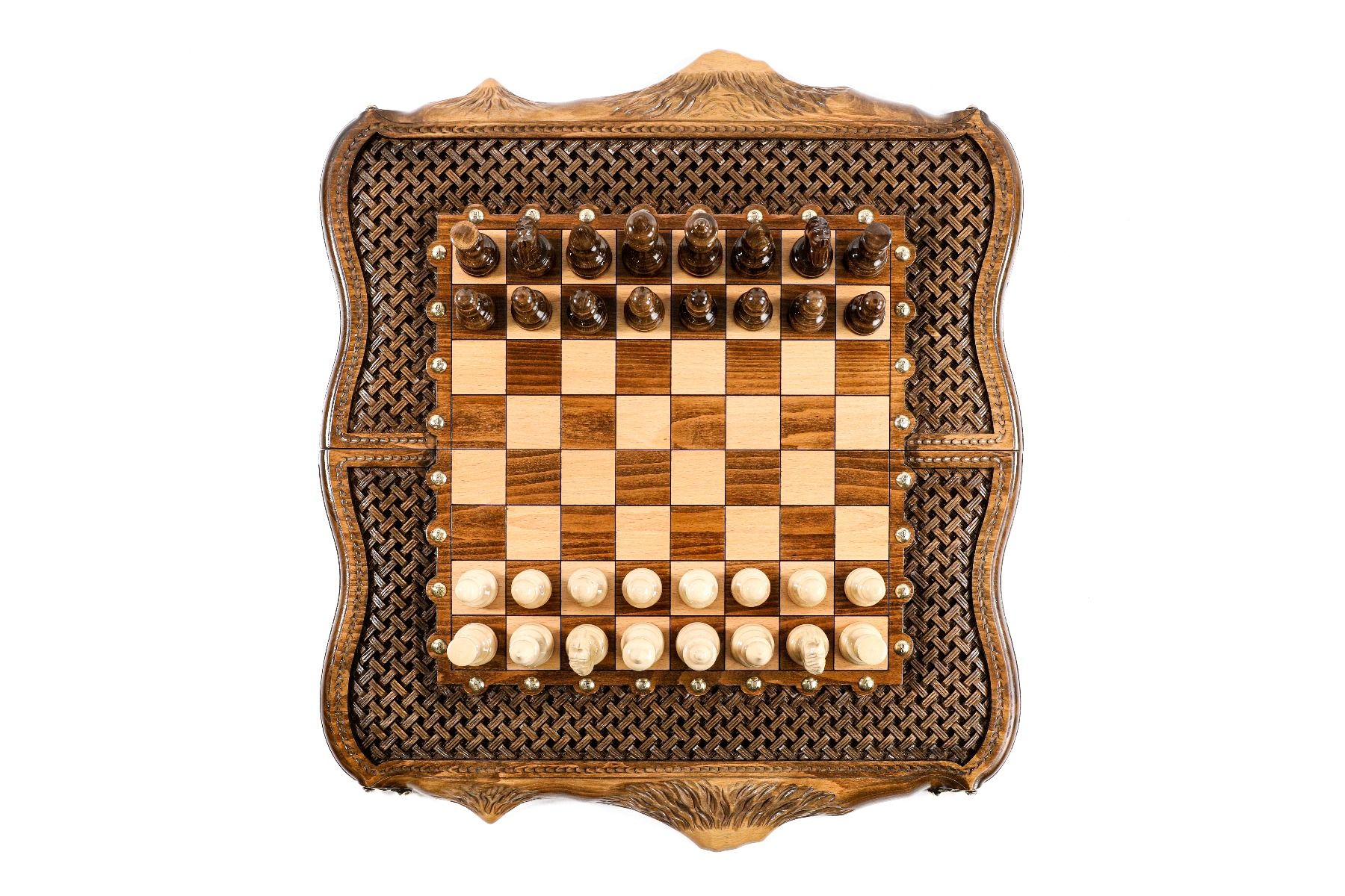 Carved Chess Set & Backgammon Board With Braid Pattern 50 cm | 19.7" - Unumperfectus