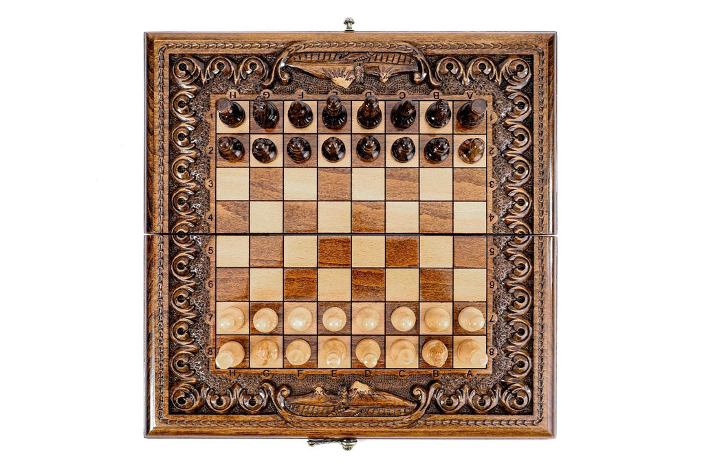 Compact handcrafted chess set with Armenian motif and integrated backgammon board