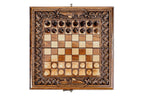 Compact handcrafted chess set with Armenian motif and integrated backgammon board