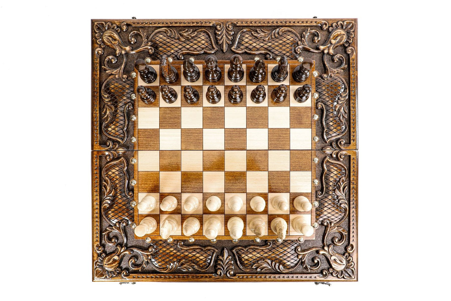 Ornamental bas-relief chess-backgammon classic