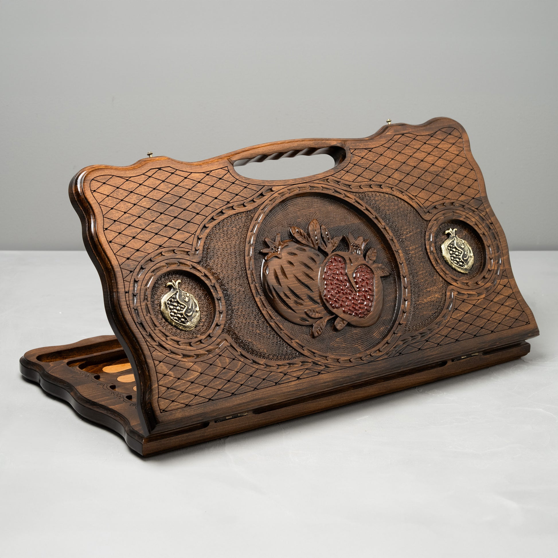 Luxury Backgammon Set – Pomegranate Design with Bronze Details - Unumperfectus