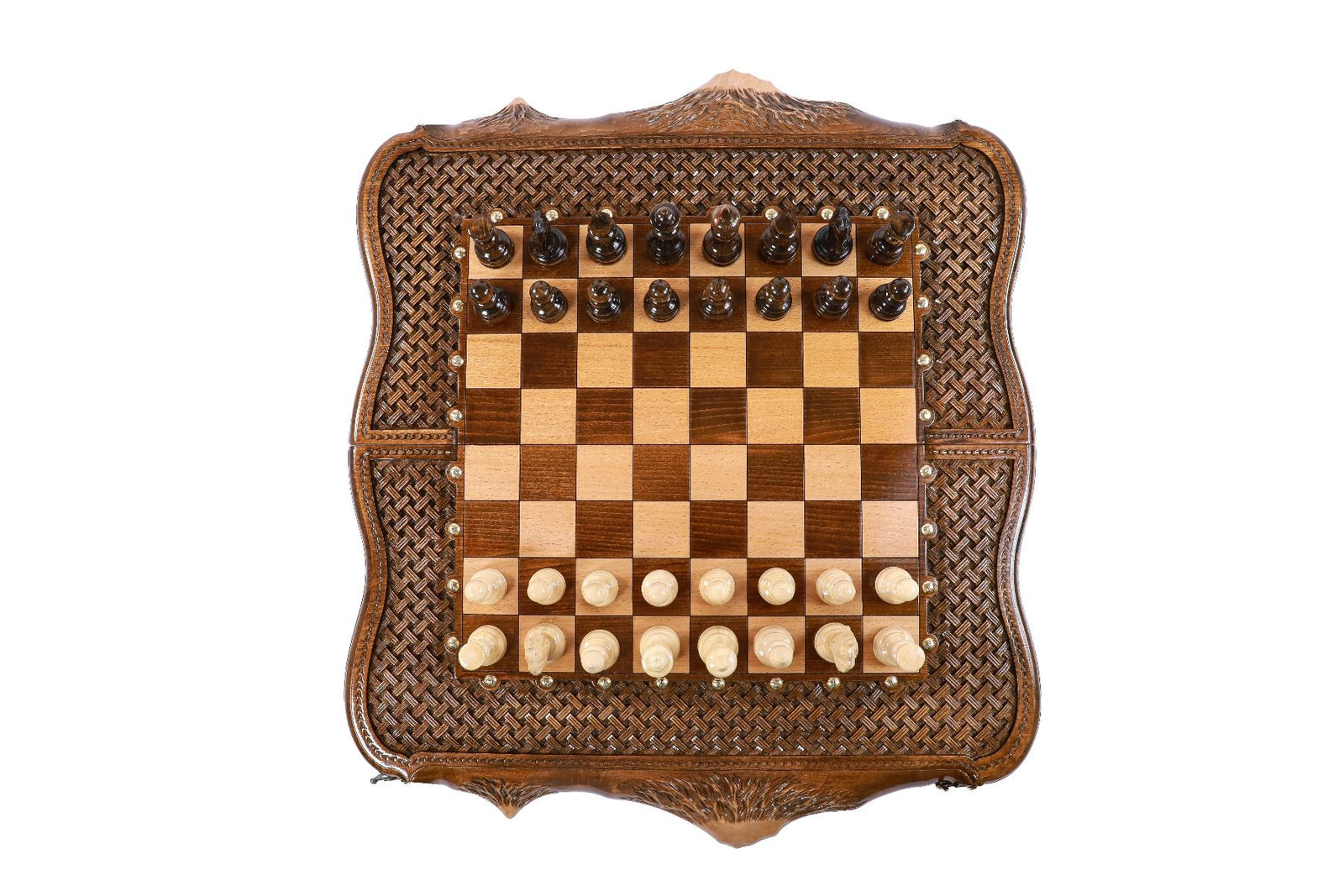 Chess-backgammon with braid-pattern with copyrighted Mount - Unumperfectus