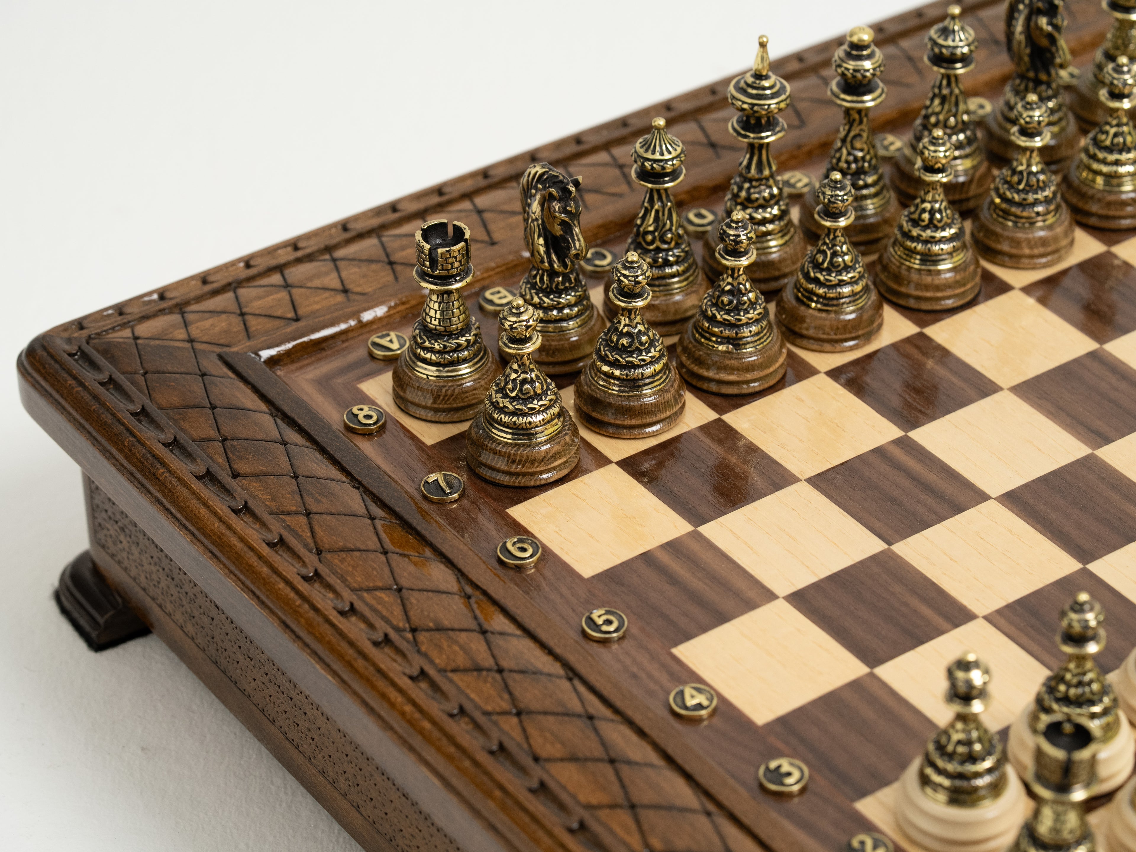 Handmade Chess Set with Storage & Bronze Pieces - Luxury Handcrafted Set - Unumperfectus