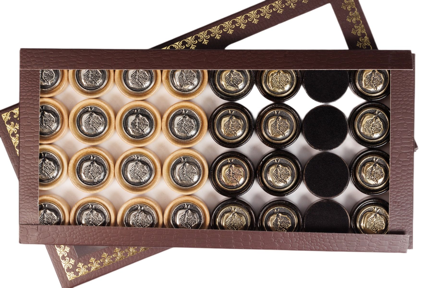 Premium Bronze Backgammon Pieces with Pomegranate Design - Unumperfectus