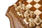 Diamond-lattice carved leg panel of the chess table