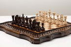 Handmade wooden chess set displayed open