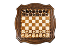 Detail of the carved edge on the wooden chess table