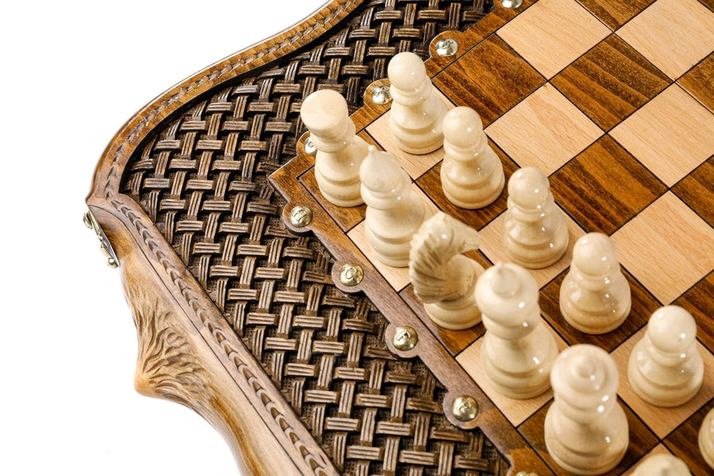 Carved Chess Set & Backgammon Board With Braid Pattern 50 cm | 19.7" - Unumperfectus