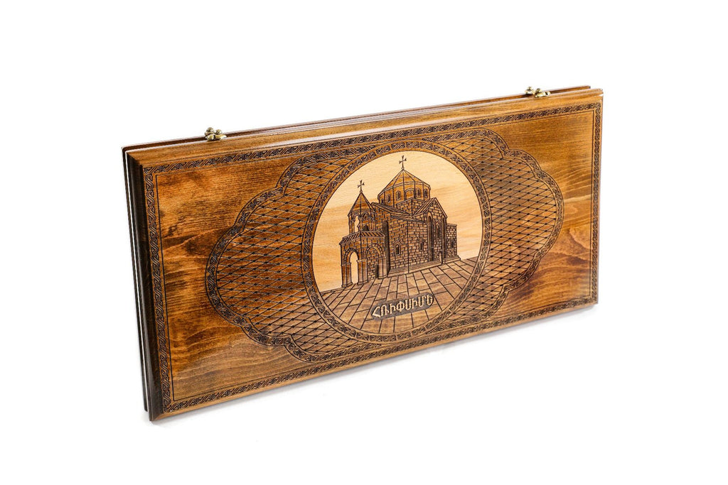 Large Armenian backgammon board with cultural architectural craftsmanship