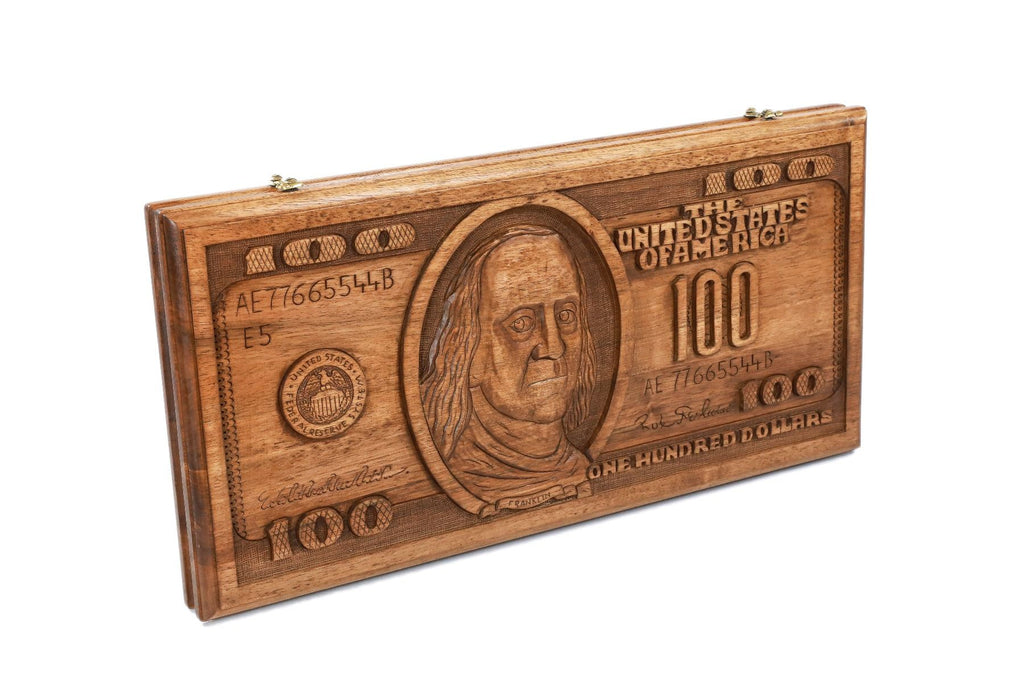 A close-up of the wood inlay work on the 100 dollar motif, showcasing the precision and depth of the solid wood craftsmanship.