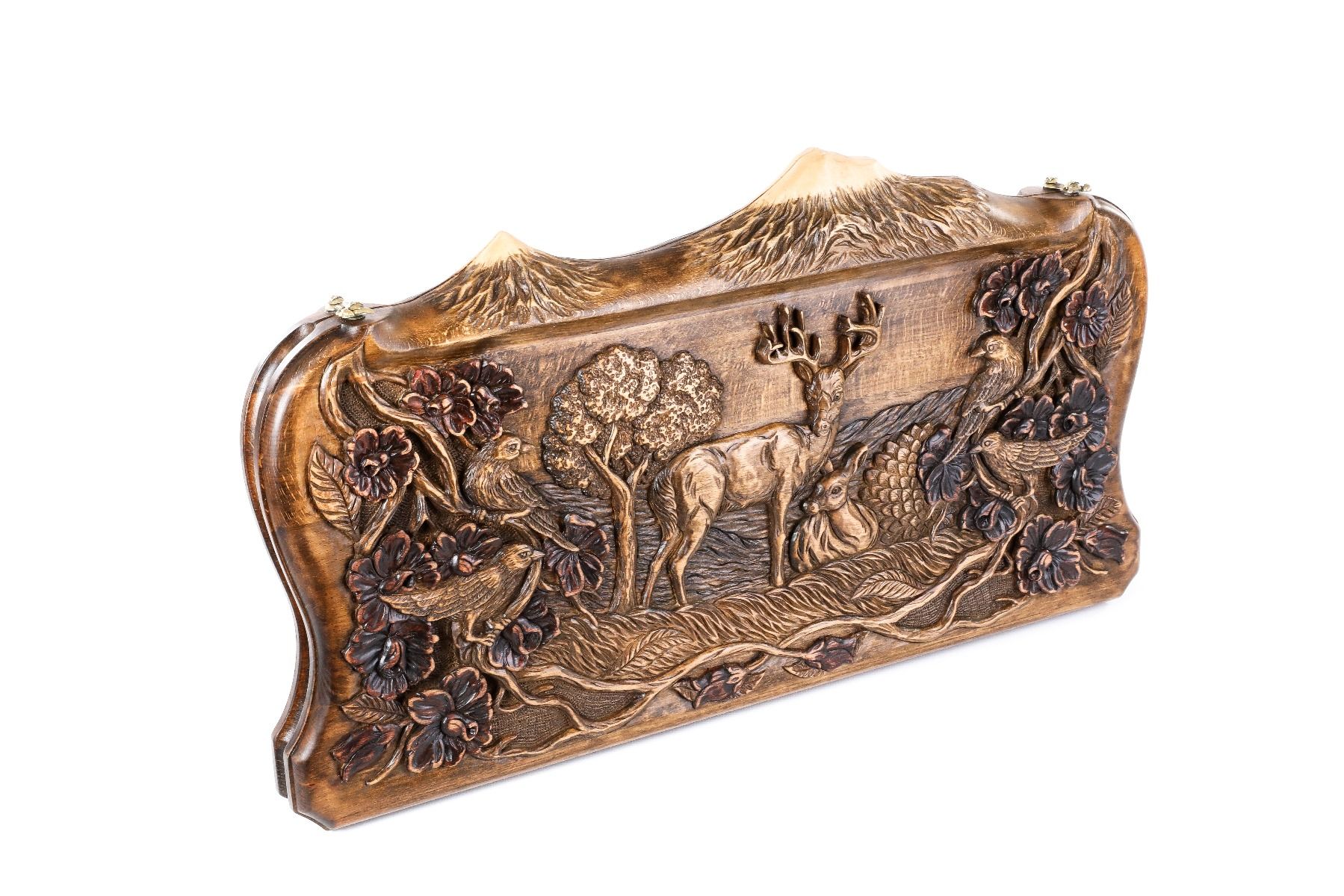 A close-up of the hand-carved antlers and the jagged peaks of the Ararat contour, showcasing the precision of the solid wood craftsmanship.