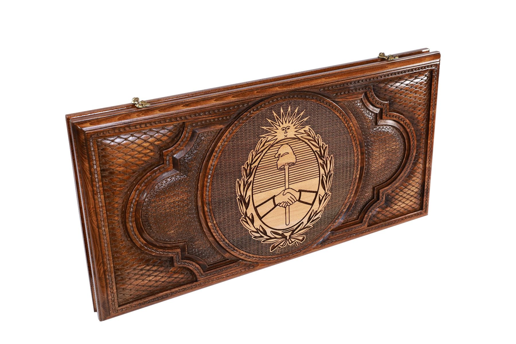 A close-up of the hand-carved shaking hands and Phrygian cap details, showcasing the extreme precision of the solid wood craftsmanship.