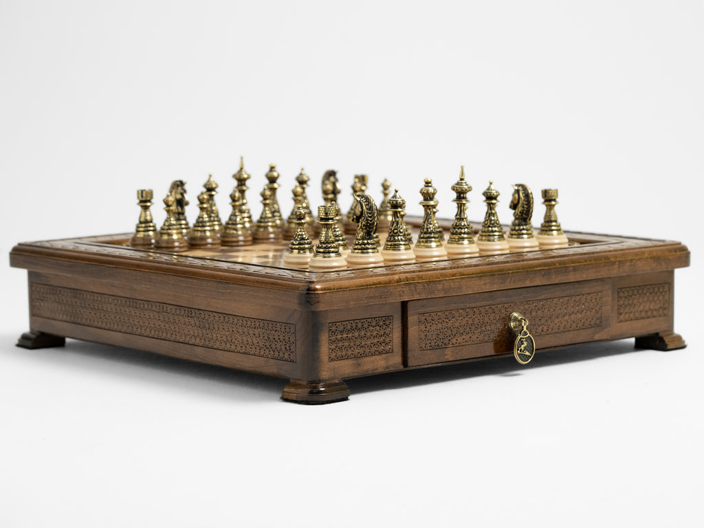 Handmade Chess Set with Storage & Bronze Pieces - Luxury Handcrafted Set - Unumperfectus