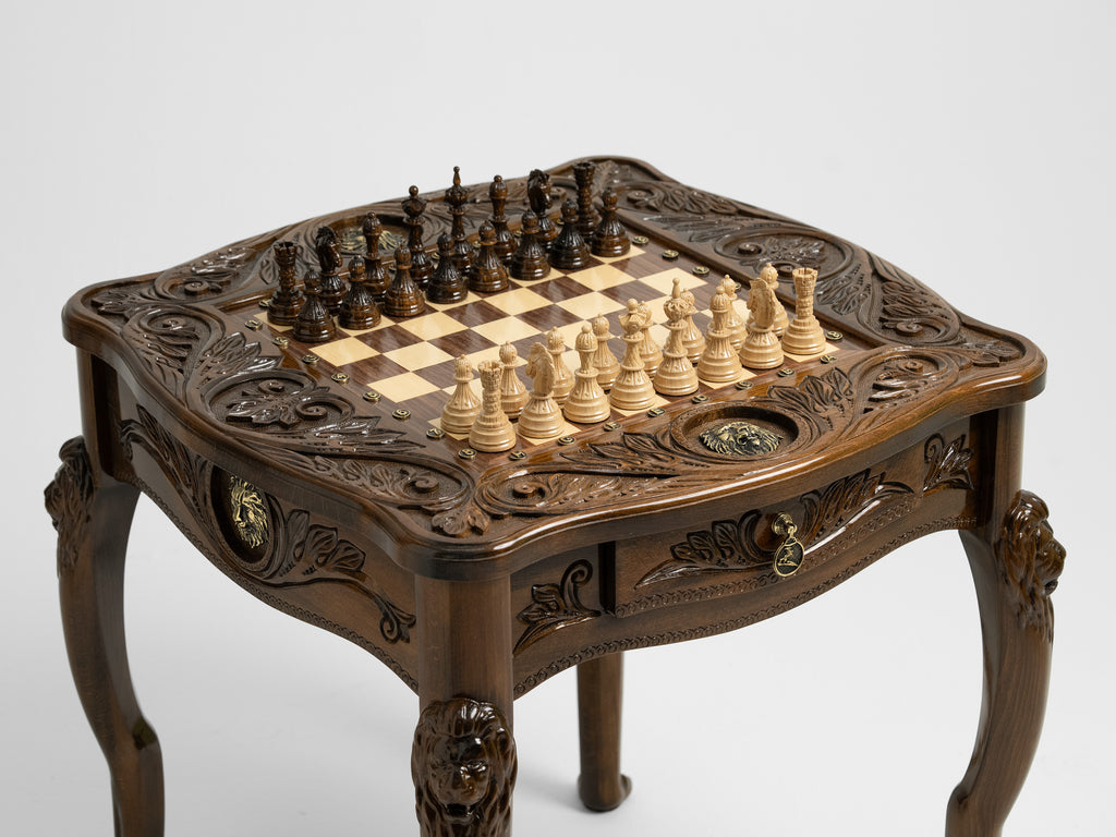 Luxurious Handcrafted Chess Table with Lion Accents and Bronze Detailing - Unumperfectus