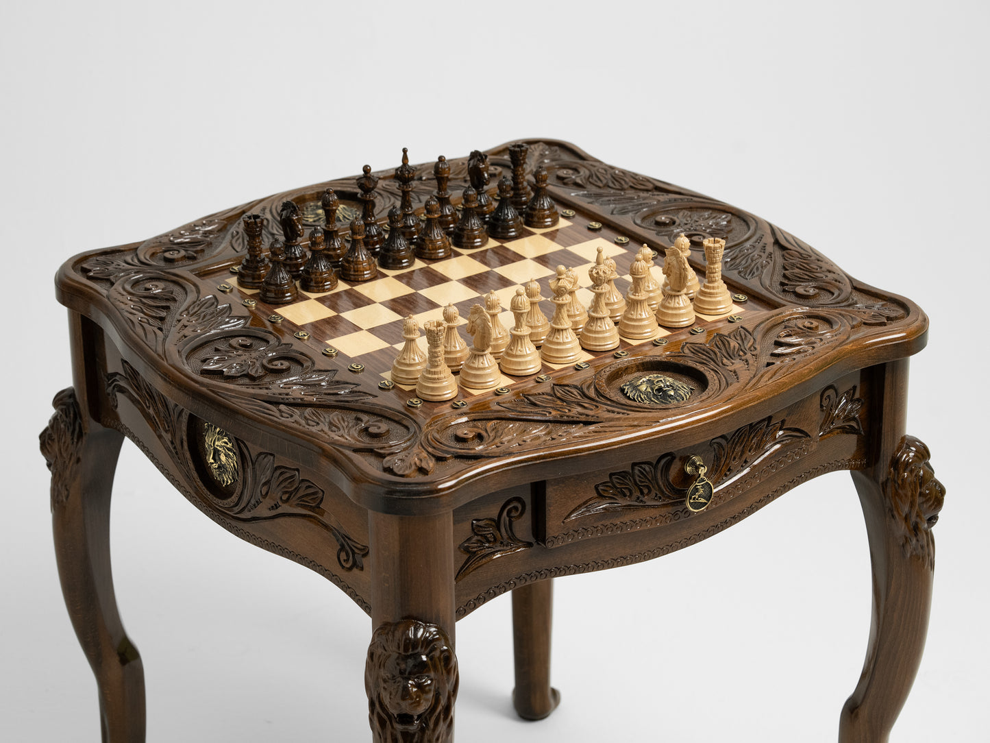 Luxurious Handcrafted Chess Table with Lion Accents and Bronze Detailing
