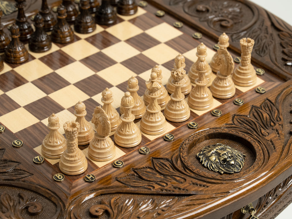 Luxurious Handcrafted Chess Table with Lion Accents and Bronze Detailing - Unumperfectus