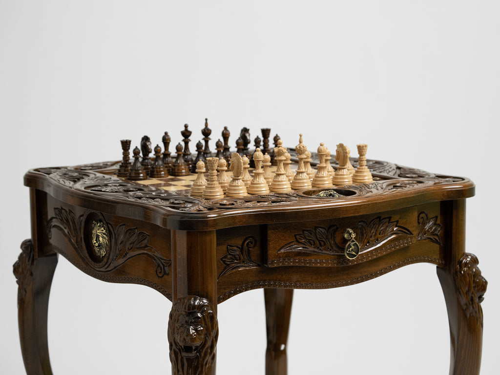 Luxurious Handcrafted Chess Table with Lion Accents and Bronze Detailing - Unumperfectus