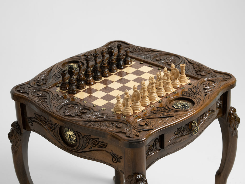Luxurious Handcrafted Chess Table with Lion Accents and Bronze Detailing - Unumperfectus