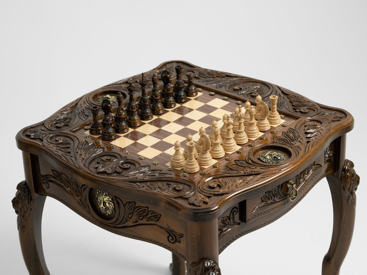 Luxurious Handcrafted Chess Table with Lion Accents and Bronze Detailing