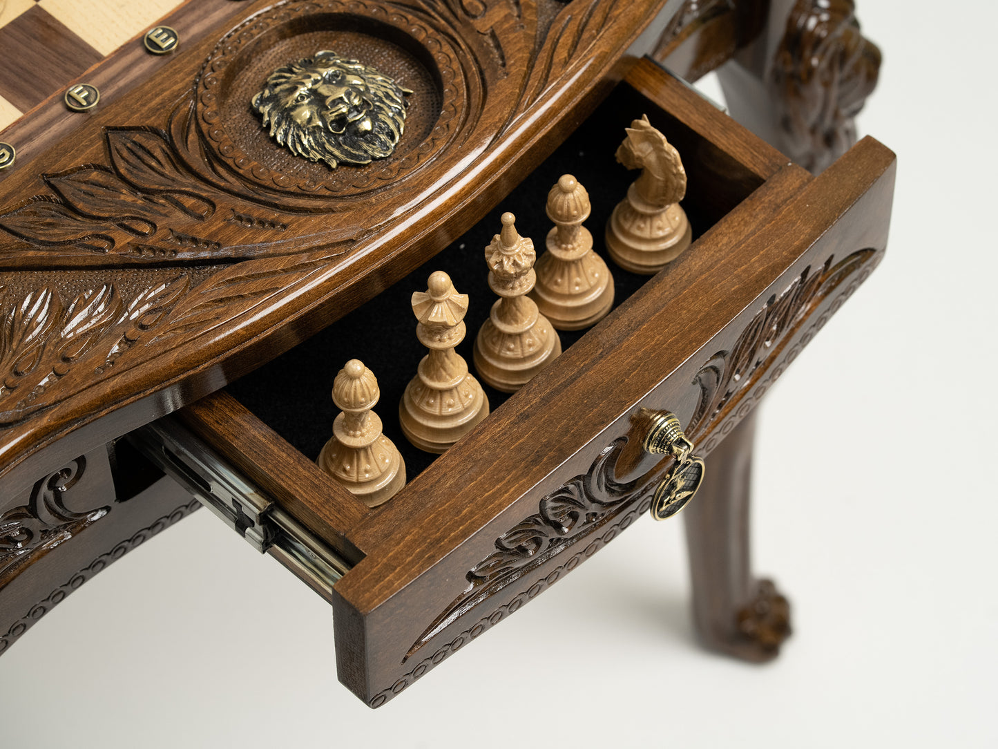 Luxurious Handcrafted Chess Table with Lion Accents and Bronze Detailing