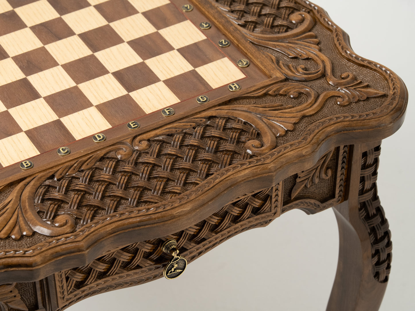 Chess Table Carved Wooden with Bronze Pieces