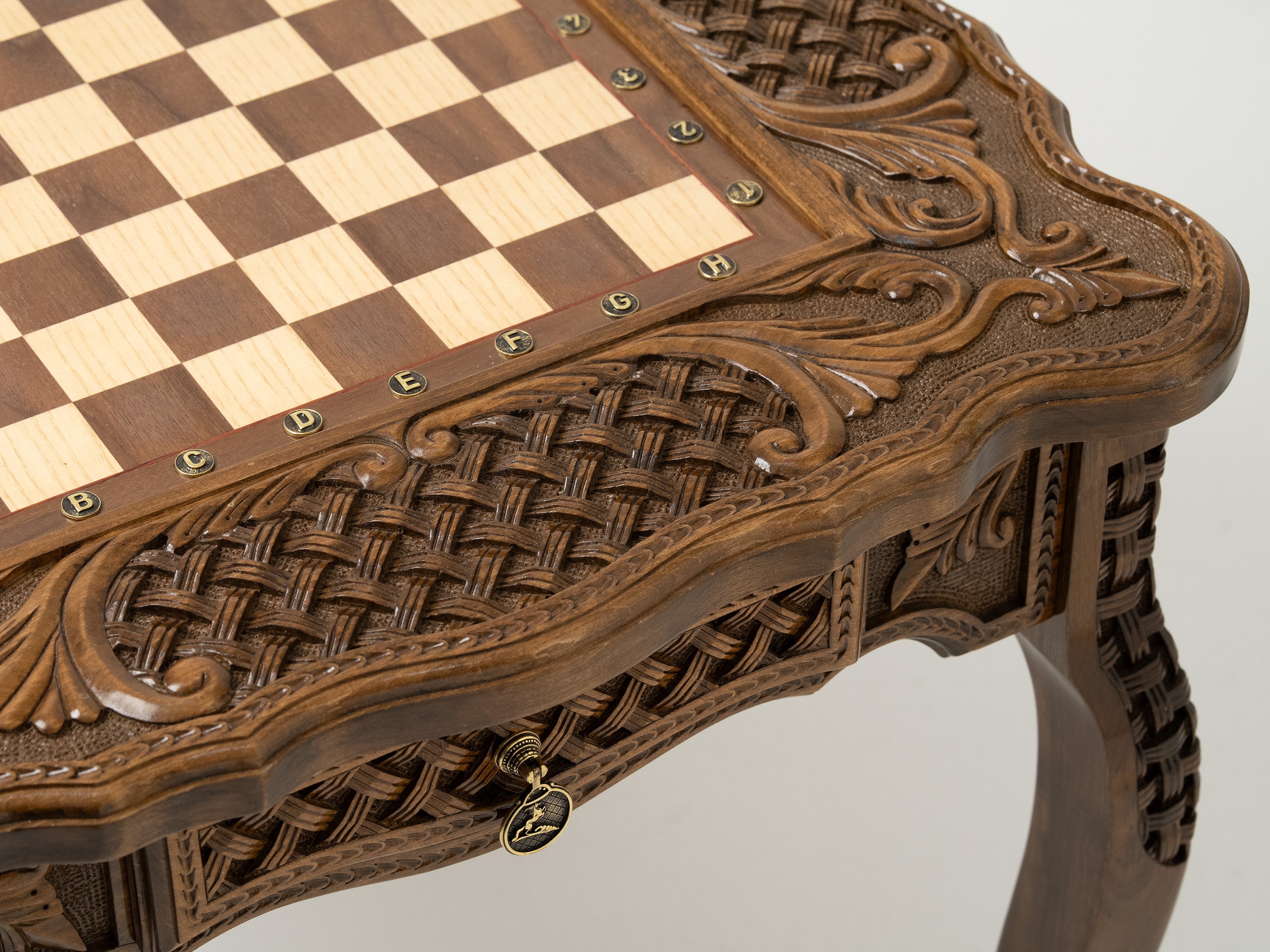 Chess Table Carved Wooden with Bronze Pieces