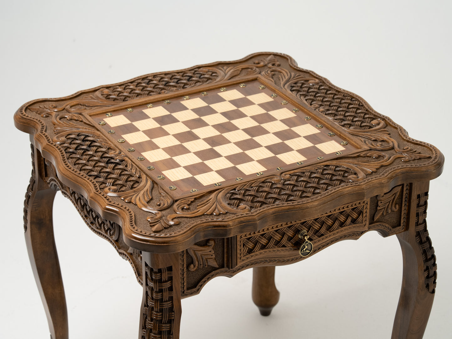 Chess Table Carved Wooden with Bronze Pieces