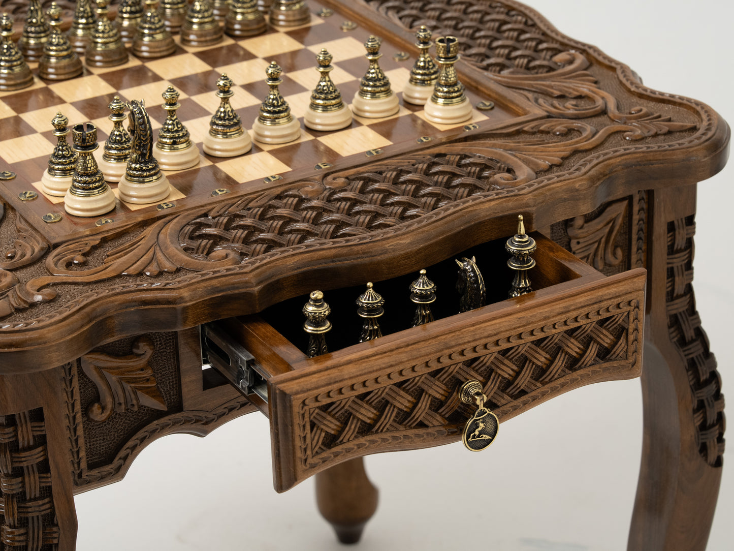 Chess Table Carved Wooden with Bronze Pieces