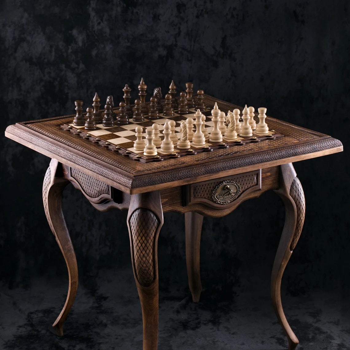 Close-up of the handcrafted wooden chessboard surface by Hrachya Ohanyan