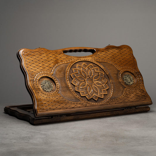 Luxury Wooden Backgammon Set with Intricate Hand-Carved Ornamental Details