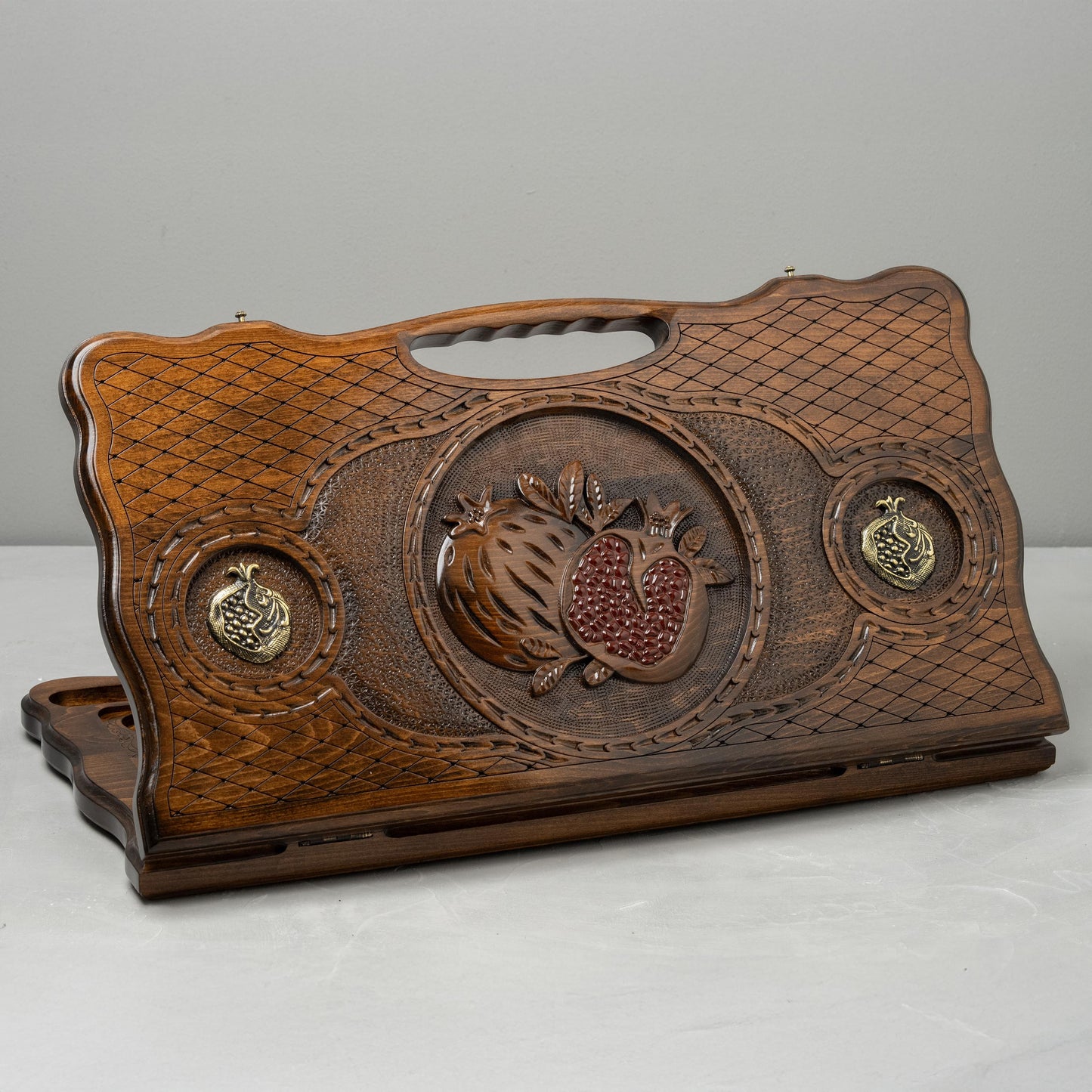 Luxury Wooden Backgammon Set with Bronze and Pomegranate Details