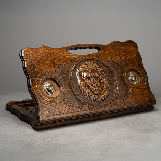 Luxury Wooden Backgammon Set with Majestic Hand-Carved Lion Design