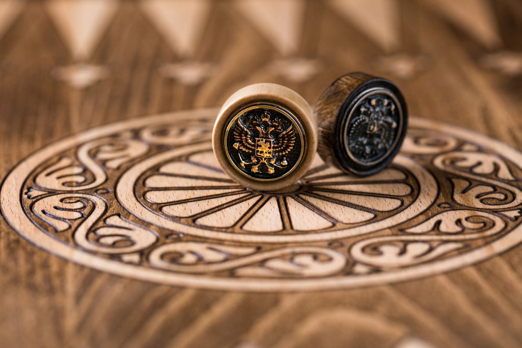 Luxury Wood & Bronze Backgammon Pieces - Russian Coat of Arms - Unumperfectus